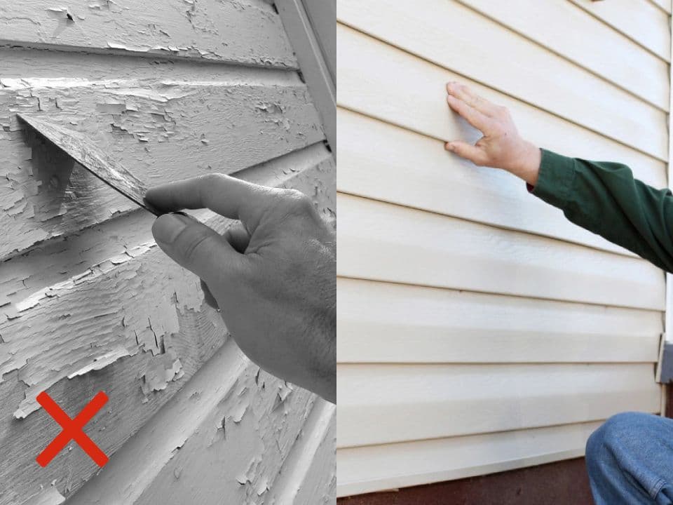 Peeling paint on old siding next to clean new siding