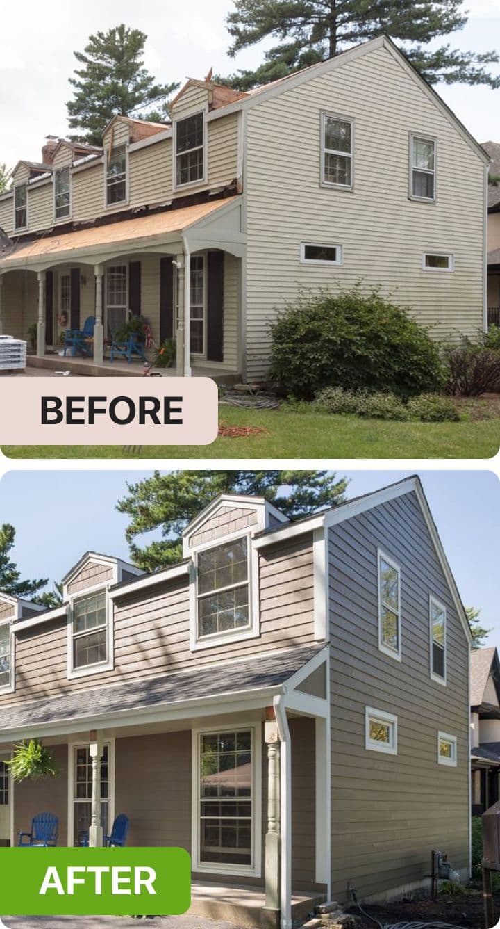 A home before and after its new siding